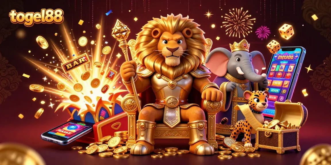 Togel88 illustrates a vibrant online gaming scene with a regal lion, wise elephant, and speedy cheetah amidst dynamic casino elements.
