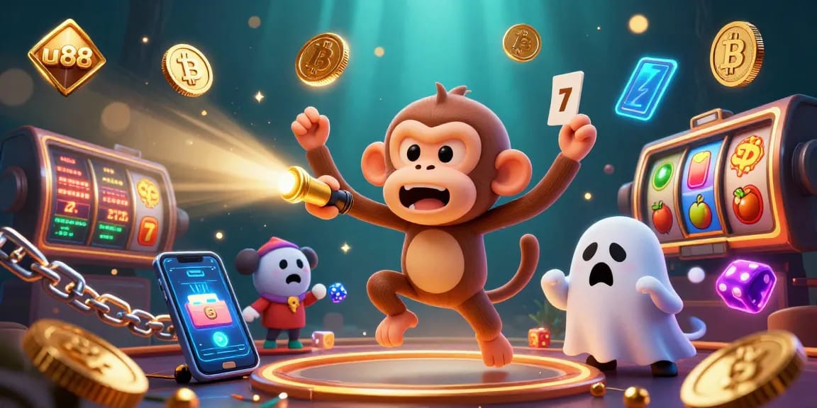 Experience thrill with u88 as playful monkey juggles coins in a casino.