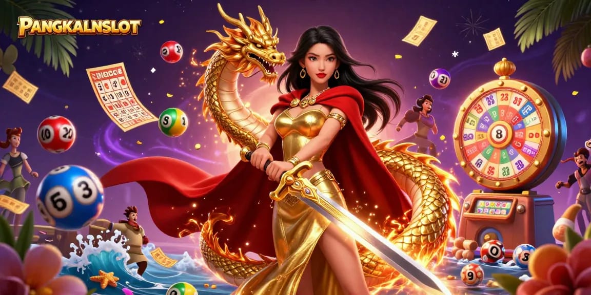 PANGKALANSLOT vibrant illustration of a casino-themed warrior queen battling for fortune.