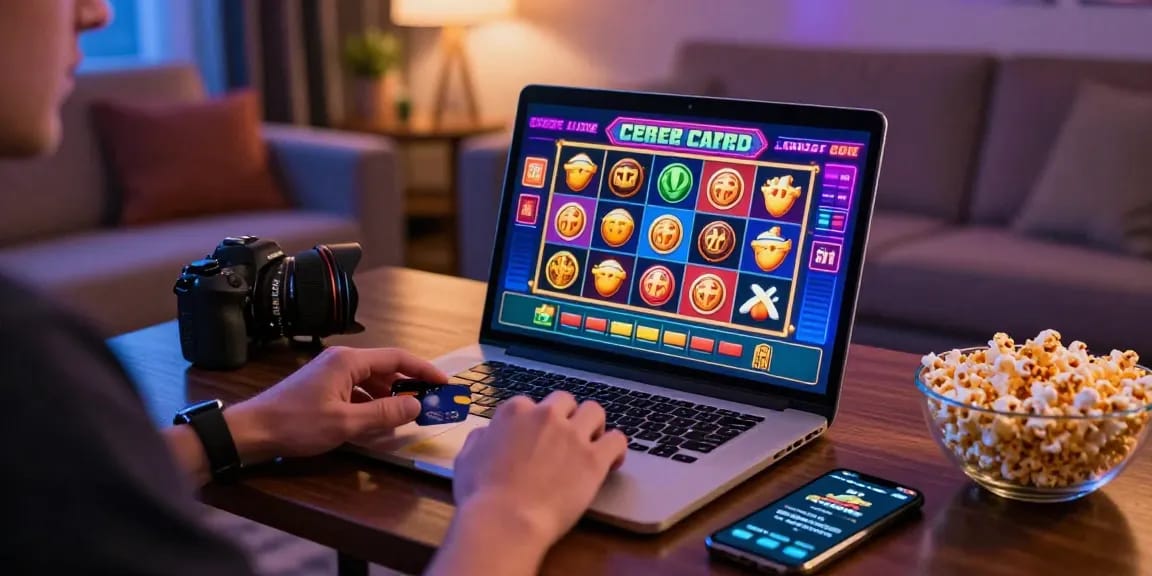 Player enjoying online casinos that accept credit cards with vibrant graphics on laptop, cozy living room setting, lively atmosphere.