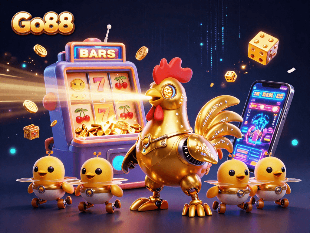 Go88's thrilling 3D casino experience with a golden rooster robot and vibrant game elements exploding.