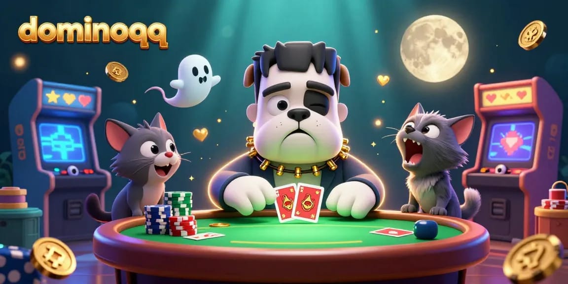 Engage with dominoqq at a spooky table featuring a Frankenstein bulldog, ghost mouse, and werewolf kitten.