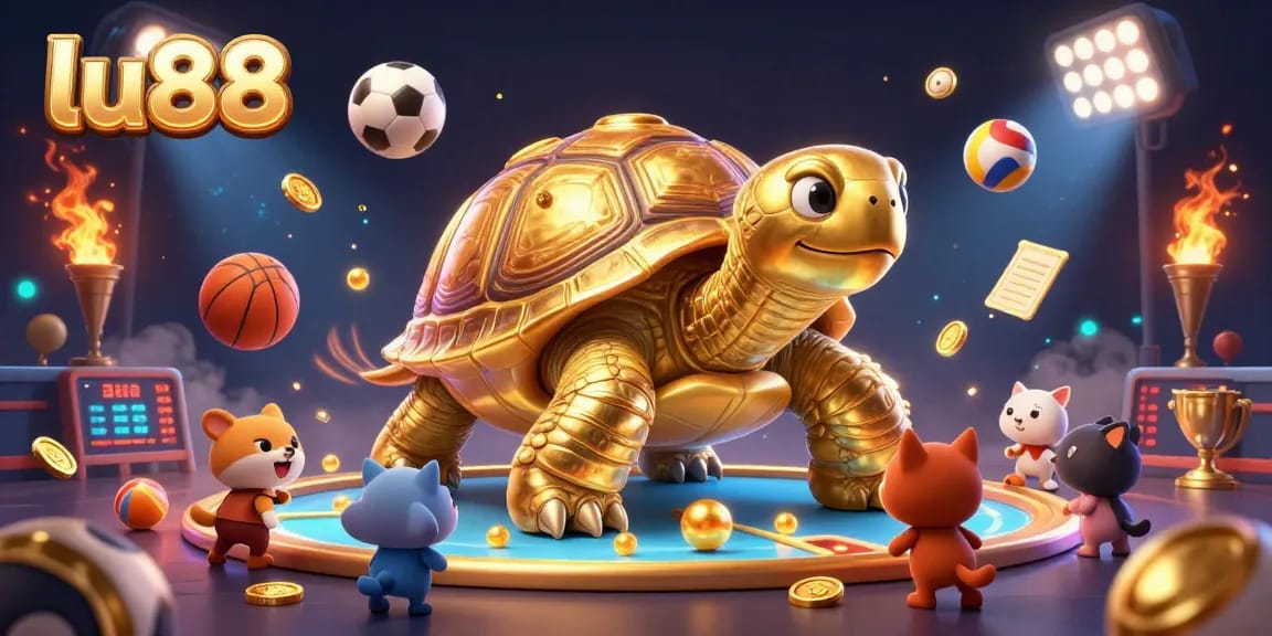 Experience exciting gameplay at lu88 with a bustling animated scene featuring a golden tortoise, sports elements, and vibrant atmosphere.