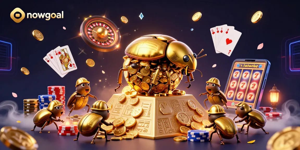 nowgoal showcases immersive betting excitement with golden coins and a dazzling pyramid of casino symbols.