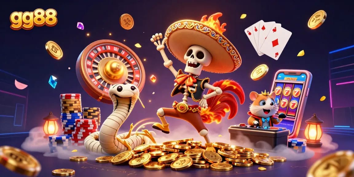 Experience the excitement of gg88 as a lively mariachi rooster dances on gold coins amidst vibrant casino elements.