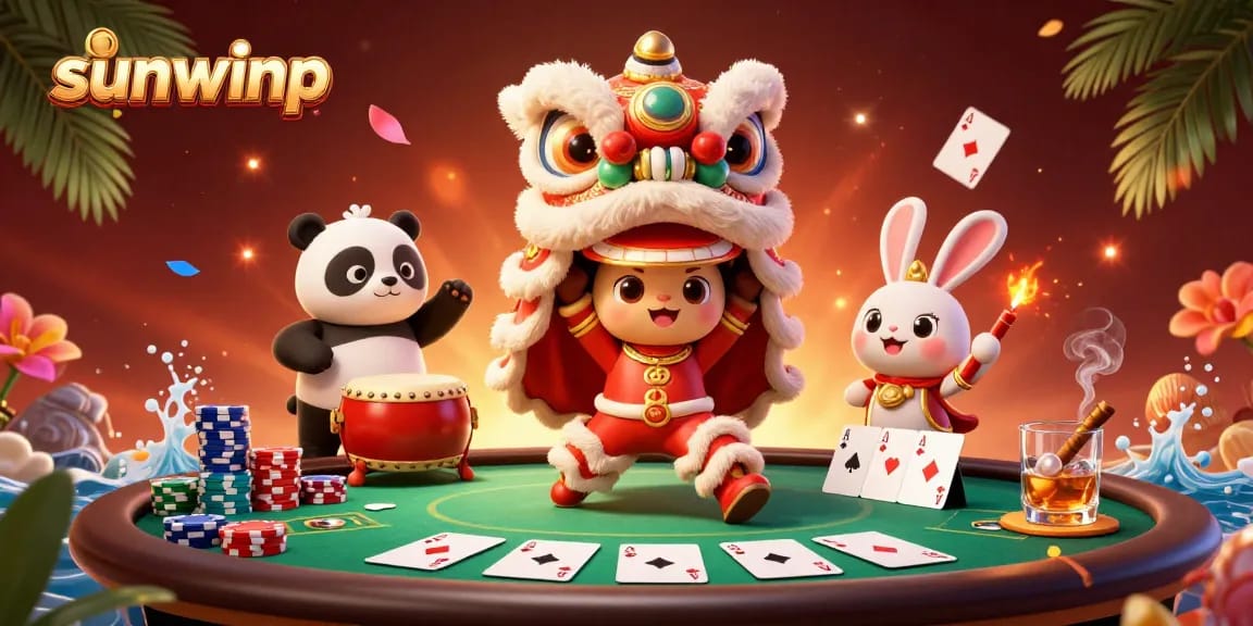 Engage with sunwinp's vibrant casino scene featuring playful characters and poker elements.
