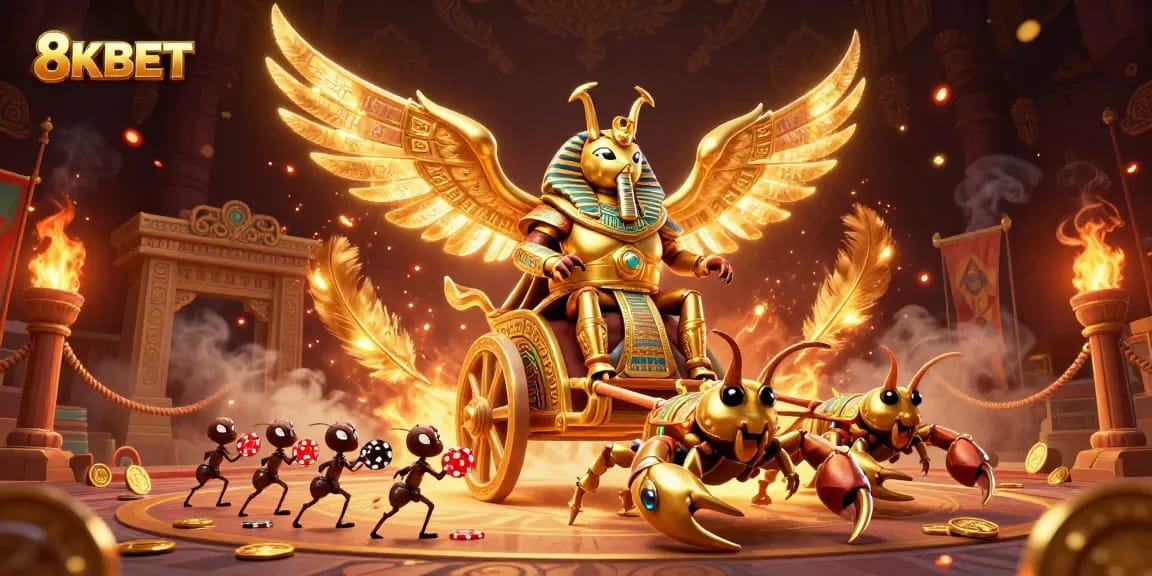 Engage in thrilling gameplay at 8KBET with a dynamic scene featuring a golden scarab and poker chips in a vibrant casino.