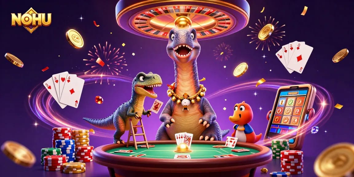 NoHU captivates players with lively casino action featuring a towering brontosaurus and vibrant gambling elements.