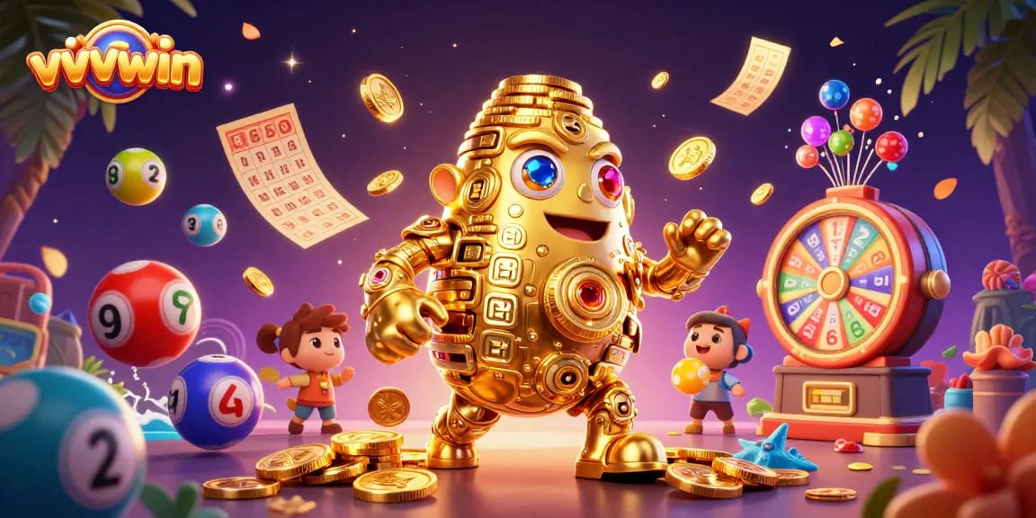 Experience thrilling moments at vvvwin with animated lottery balls and a golden golem.