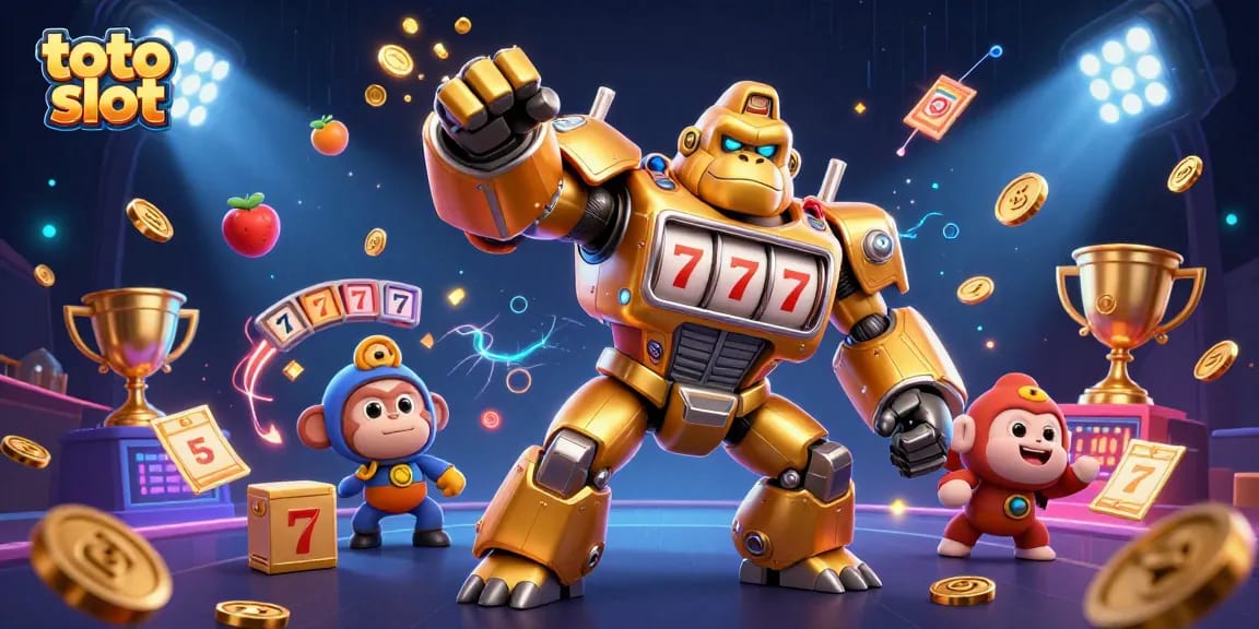 Experience thrilling games with the dynamic toto slot illustration featuring a golden gorilla mech.