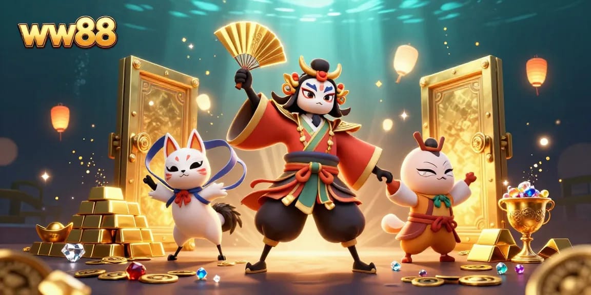 Engage with the thrilling world of ww88 as the kabuki warrior and kitsune celebrate jackpots amidst treasures.