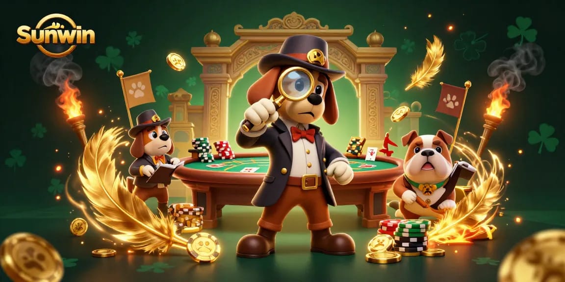 Sunwin brings excitement to the game as the detective dog examines clues on a poker table.