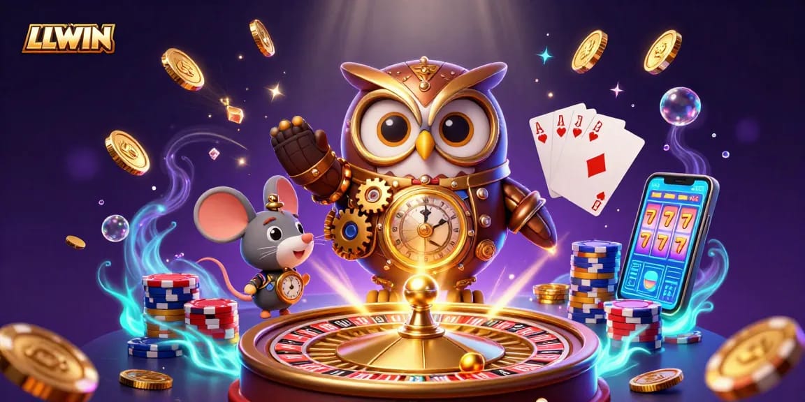 LLWIN promotes thrilling wins with a time-traveling owl and magical casino elements.