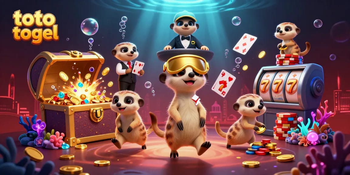 Experience thrilling toto togel gameplay with colorful meerkats in an elaborate casino scene.