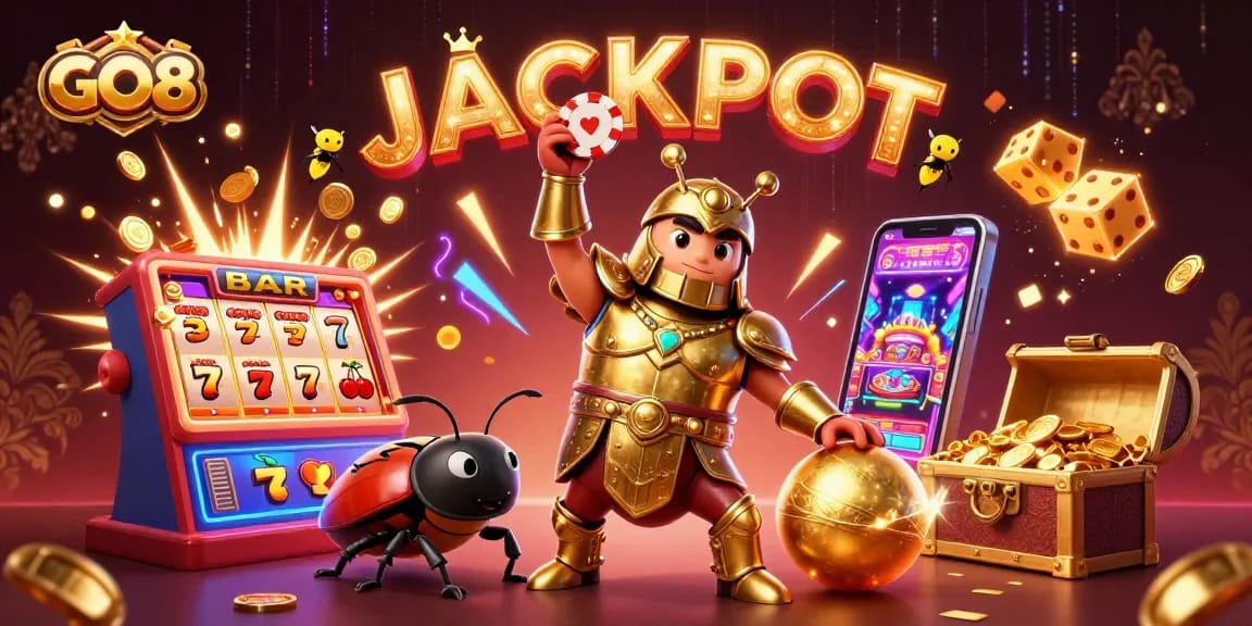 Join the excitement with GO8's dynamic jackpot scene featuring a heroic beetle and festive casino elements.