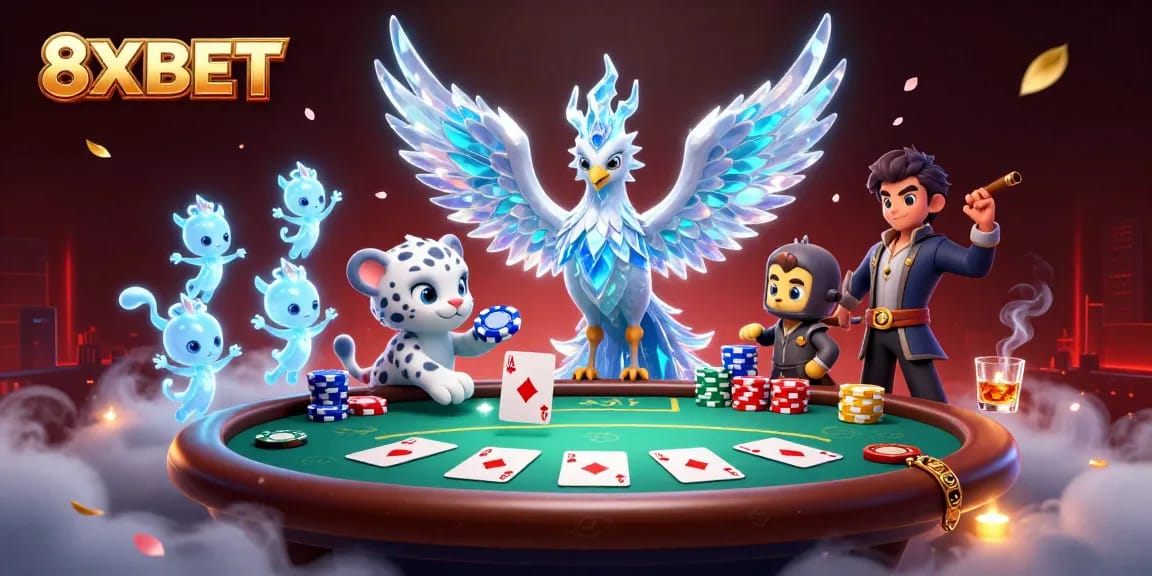 Experience thrilling gameplay with 8XBET in this vibrant casino-themed illustration featuring a poker scene.