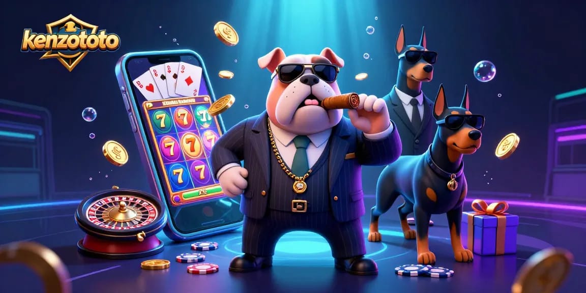 Kenzototo's winning slots come alive in this vibrant illustration featuring a mafia bulldog surrounded by coins and cards.