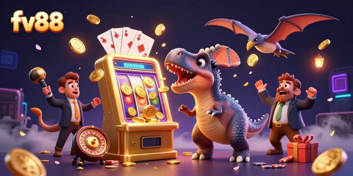 fv88 enhances your victory as a pachycephalosaurus strikes a golden slot machine amid flying coins.