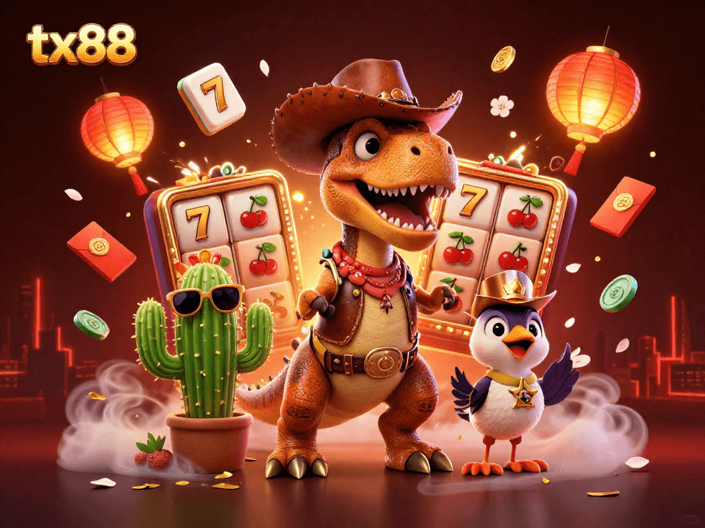 Experience tx88 with dynamic characters and casino elements in an exciting 3D illustration.