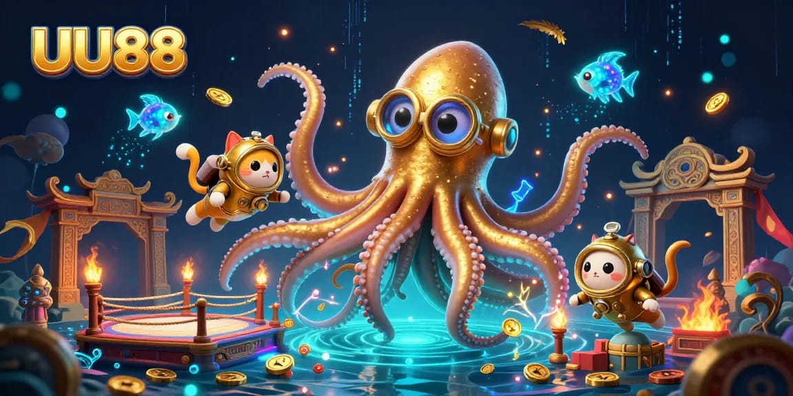 Engage with UU88's captivating 3D casino artistry, featuring a kraken and diving cat amid treasures.