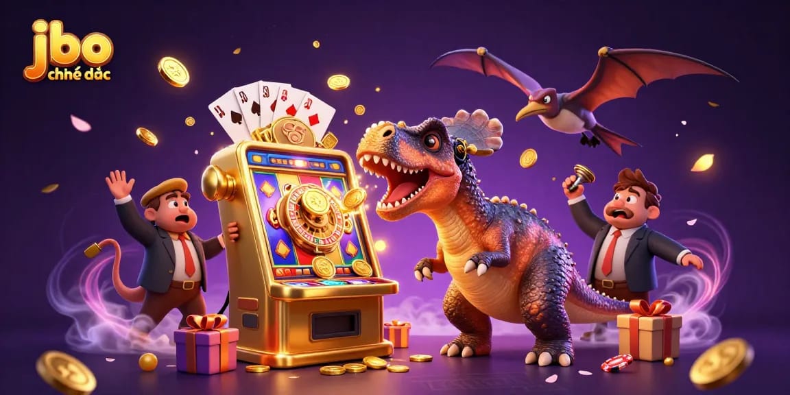 Experience thrilling gameplay at jbo chính thức, featuring a dinosaur-themed jackpot scene packed with dynamic casino elements.