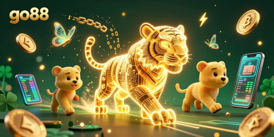 Trải nghiệm Go88 với hình ảnh hổ vàng neon trong casino kỹ thuật số, sôi động và hấp dẫn.
