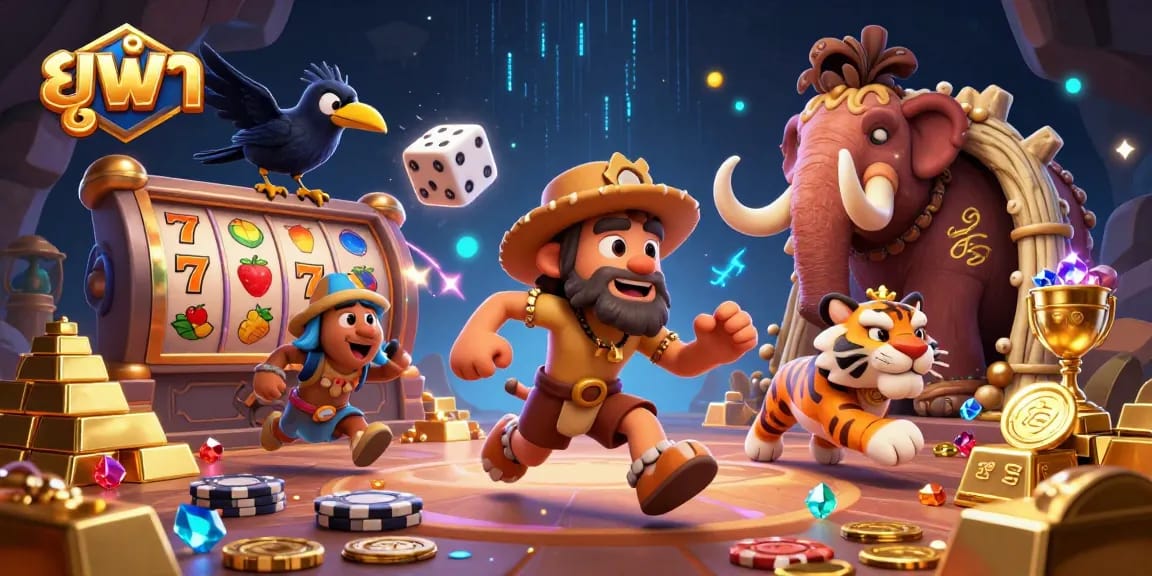 Win big at ยูฟ่า with lively cartoon characters playing casino games in a dynamic prehistoric setting.