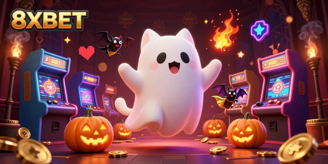 Experience thrilling gaming moments with 8XBET in a vibrant haunted casino setting.