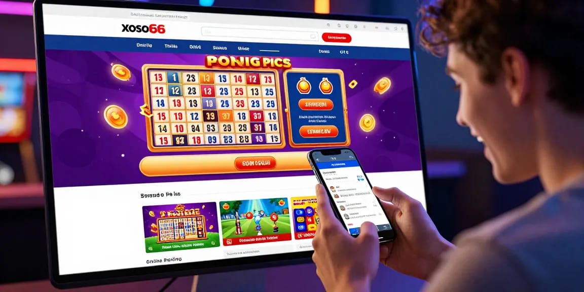 Excited young adult engaging with xoso66 mobile app in a vibrant online betting environment.