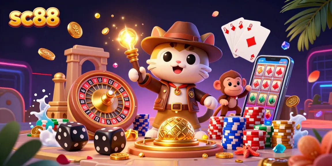 Experience the thrilling adventure of sc88 as the explorer cat discovers golden casino artifacts amid dazzling gems and coins.