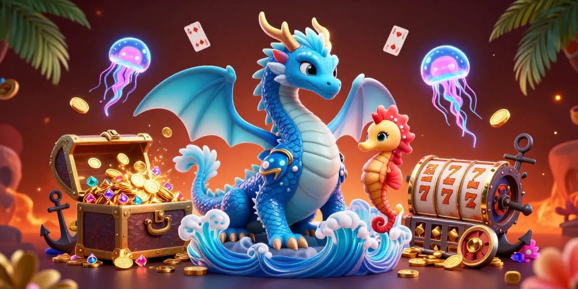 Engage with dovbenmeir at our vibrant casino themed digital artwork with underwater dragons and classic gaming elements.