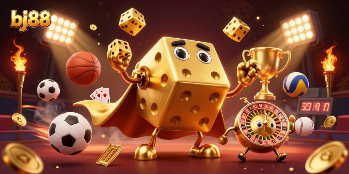 Join in the excitement at bj88 with a lively casino scene featuring golden dice, sports balls, and engaging activities.