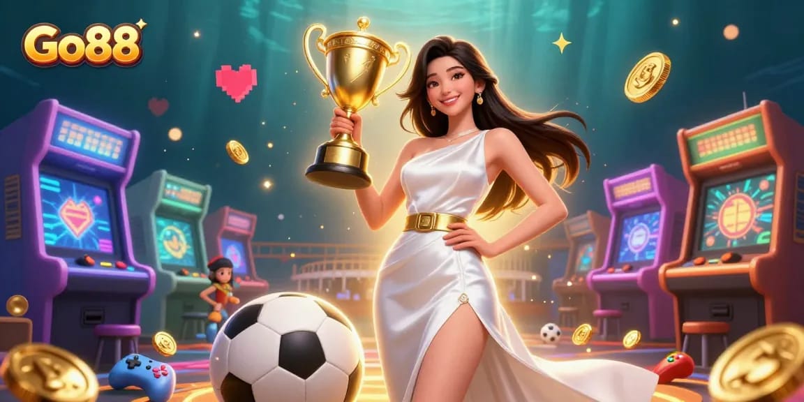 Engage with Go88's vibrant casino scene featuring a confident trophy winner in a dazzling gown.