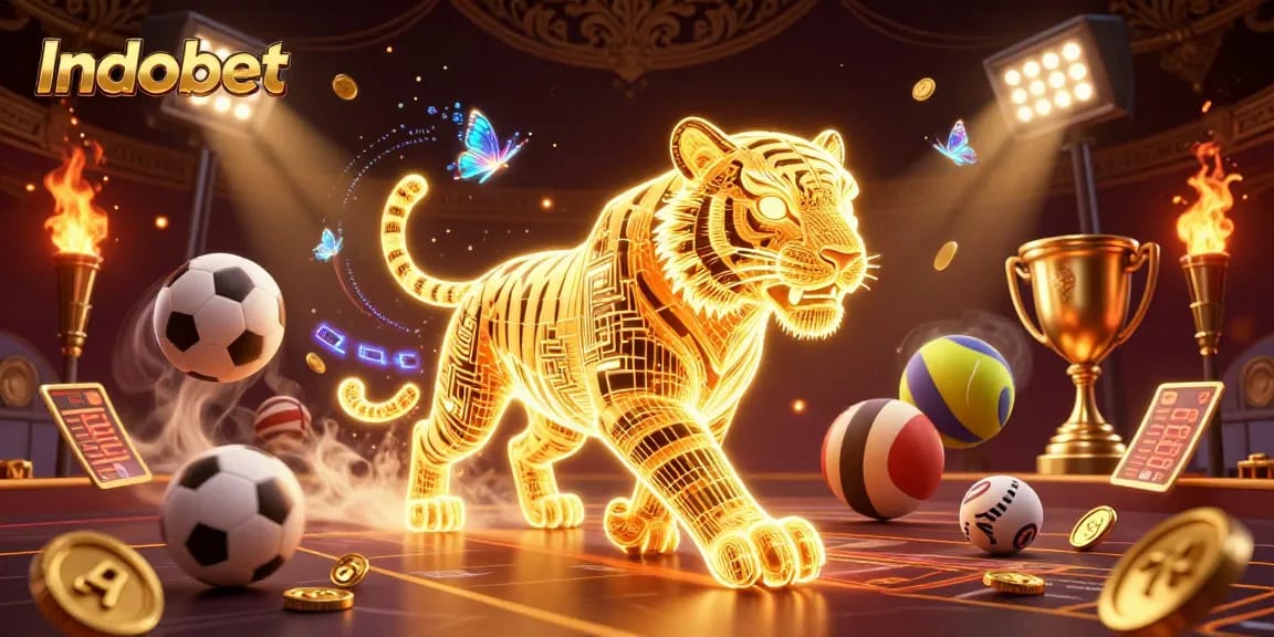 Indobet menghadirkan pengalaman taruhan menarik dengan karakter harimau emas berenergi dan elemen olahraga.