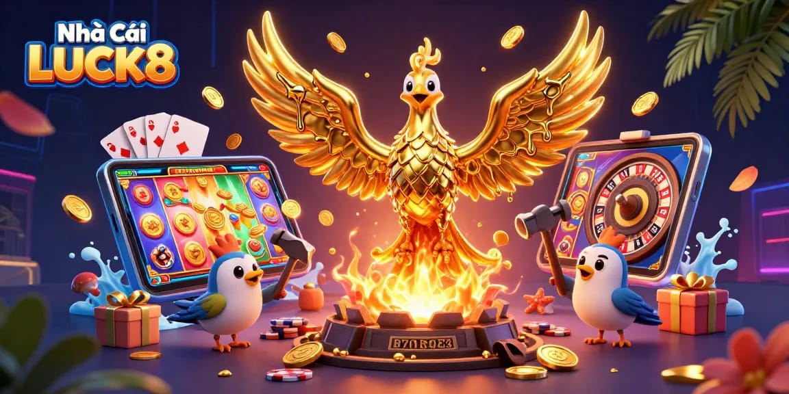 Engage with Nhà Cái LUCK8, featuring a molten phoenix and dynamic gambling elements.