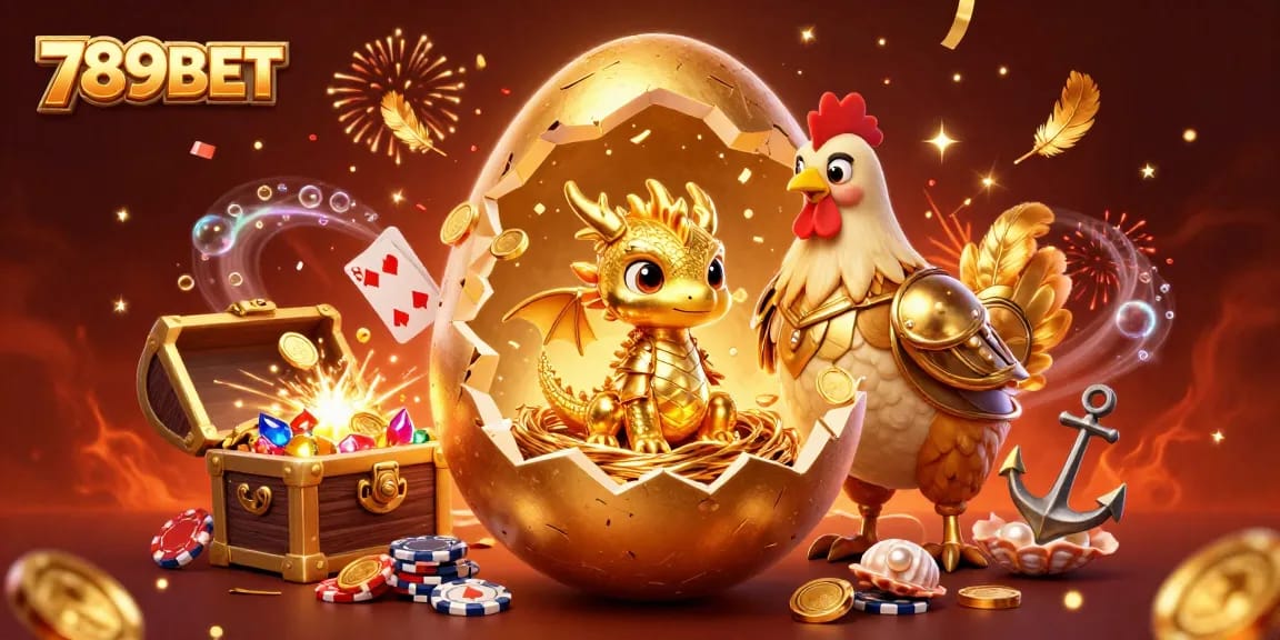 Experience the magic of 789BET as a golden dragon emerges from a cracking egg, amidst a vibrant casino scene.