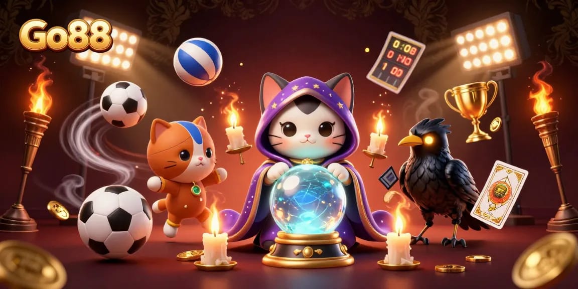 Experience thrilling Go88 gaming adventures with a mystical fortune teller cat and a raven dealer.