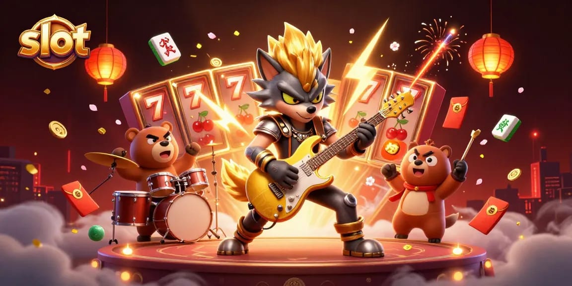 Engaging slot scene with a rock star wolf shredding guitar, energetic drummer bear, and dynamic casino elements.