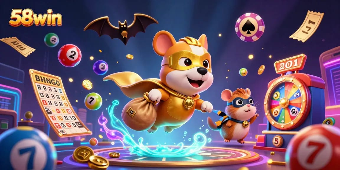 Join the action at 58win with a thrilling 3D casino illustration featuring a superhero dog and vibrant lottery elements.
