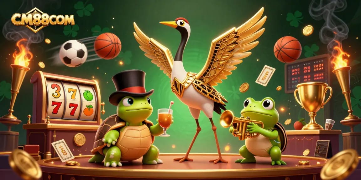 Bet on slots with CM88COM features vibrant characters in a dynamic casino-inspired scene.