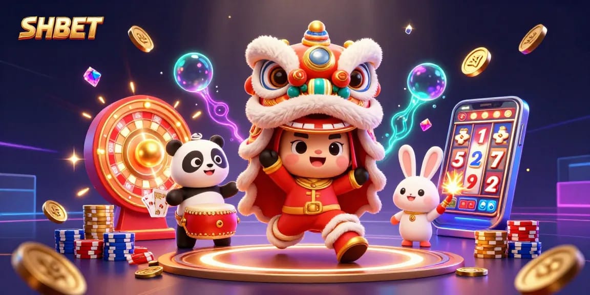 Experience excitement at SHBET with festive characters celebrating amidst casino games.