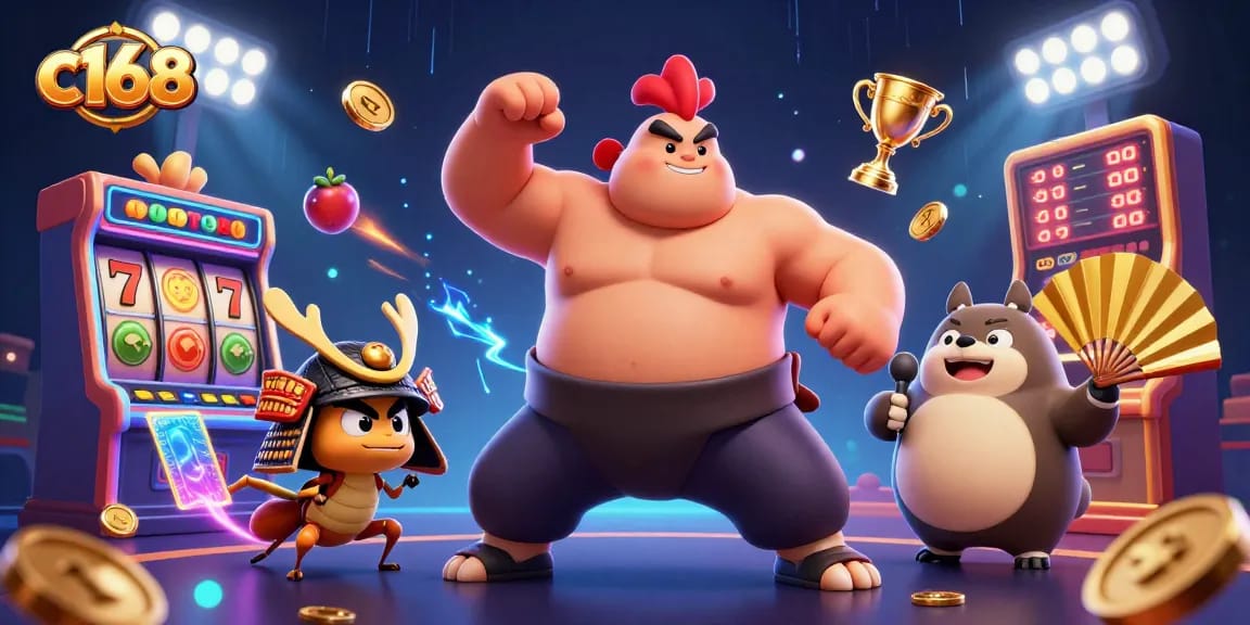 C168 excels in engaging slot gaming with powerful characters in a vibrant casino scene.