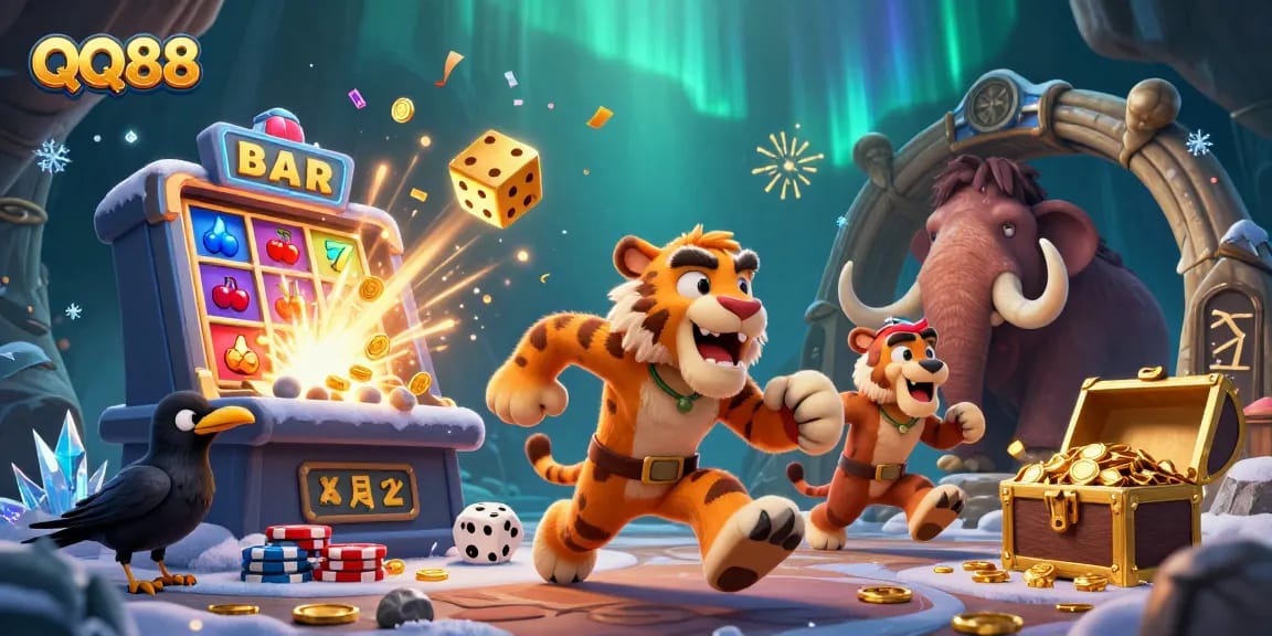 Enjoy thrilling gameplay at QQ88's prehistoric casino featuring dynamic slot machines and vibrant elements.