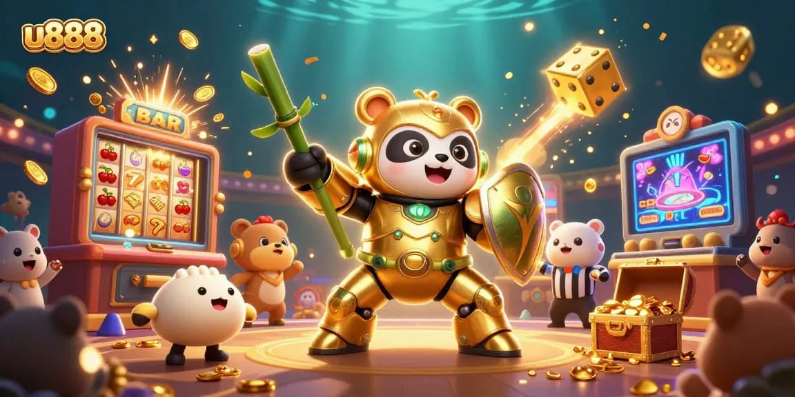 Join u888's thrilling adventure with slot machines, golden panda, and casino elements in vibrant 3D.