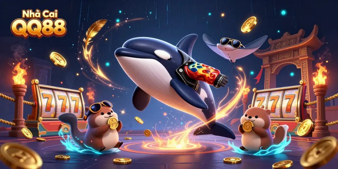 Experience thrilling gameplay at Nhà Cái QQ88 with interactive characters enjoying golden coins.