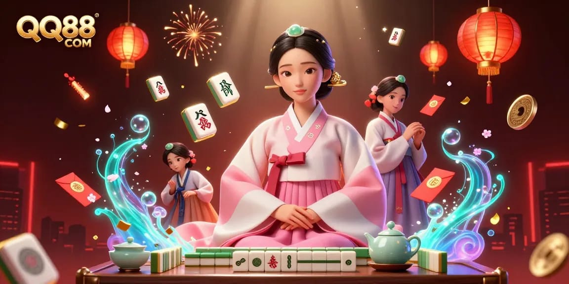 Engage with QQ88 COM's dynamic gaming atmosphere featuring a serene Asian woman amid festive casino elements.