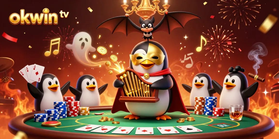 Experience dynamic gameplay with okwin tv featuring a lively penguin character and poker elements, celebrating the excitement of online gaming.