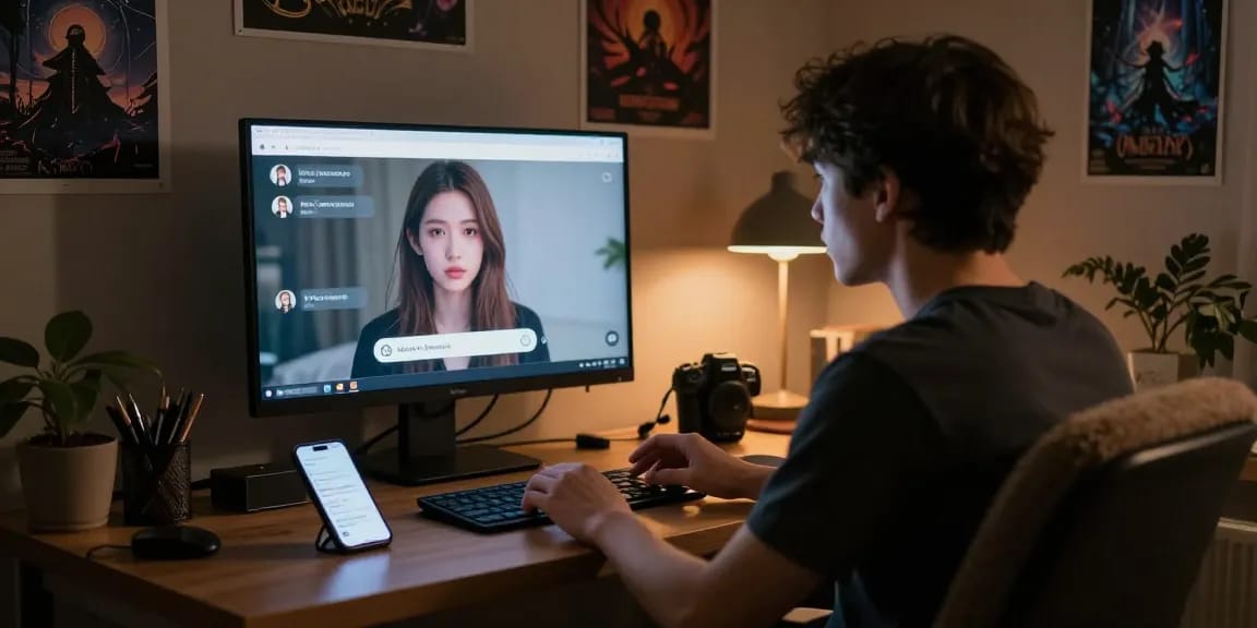 Engaging NSFW AI chat scenario illustrating a user interacting with a lifelike AI avatar in a dimly-lit home office, showcasing immersive experiences.