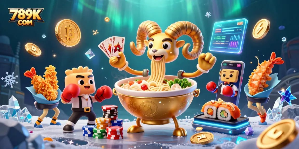 Engage with 789K COM in an exciting casino world featuring a golden ramen dealer and crypto elements.