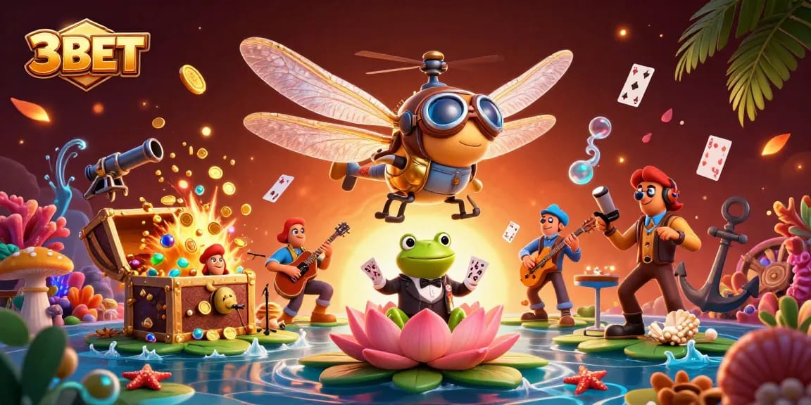 Experience thrilling gameplay at 3BET casino with a lively dragonfly pilot and frog croupier.